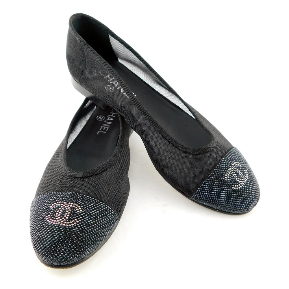 CHANEL Black Crystal CC Logo Cap Toe Mesh Suede Ballet Flats 37.5 - Picture 2 of 9
